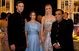 Donald Trump's daughter Ivanka (2R) and husband Jared Kushner (L) are among those attending the pre-wedding celebration hosted by billionaire Mukesh Ambani (R)
