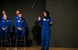 Nora Al Matrooshi (R) waves during the graduation ceremony for NASA Artemis astronaut candidates at Johnson Space Center in Houston, Texas, on March 5, 2024 
