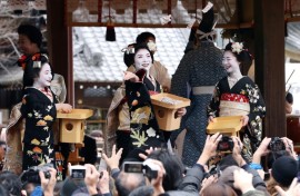 Kyoto's geisha, here celebrating a spring festival, perform traditional Japanese dance, music and games