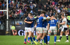 Italy celebrate after beating Scotland in the Six Nations in Rome