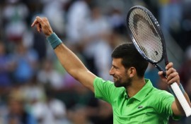 Top-ranked Novak Djokovic of Serbia celebrates a victory over Aleksandar Vukic of Australia at Indian Wells