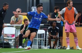 Matias Coccaro celebrates after scoring Montreal's second goal in Sunday's 3-2 win over Inter Miami