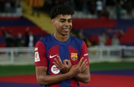 Barcelona's Spanish forward Lamine Yamal celebrates scoring the winning goal against Mallorca on Friday in La Liga