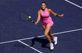 Aryna Sabalenka plays a forehand volley on her way to a straight sets victory over Emma Raducanu at the Indian Wells Masters on Monday