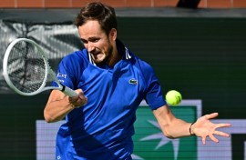 Russia's Daniil Medvedev on the way to a straight-sets victory over Bulgarian Grigor Dimitrov in the fourth round of the ATP-WTA Indian Wells Masters