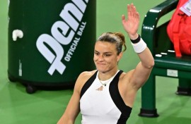 Greece's Maria Sakkari acknowledges fans after beting Coco Gauff to reach the final of the ATP-WTA Indian Wells Masters
