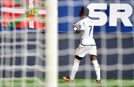 Real Madrid's Vinicius Junior celebrates scoring the opening goal in his team's rout of Osasuna on Saturday