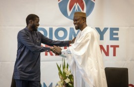 Ousmane Sonko (R) and Bassirou Diomaye Faye (L) during a press conference in Dakar on March 15, 2024