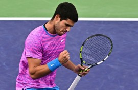 Spain's Carlos Alcaraz celebrates a point on the way to a semi-final victory over Jannik Sinner at the ATP-WTA Indian Wells Masters
