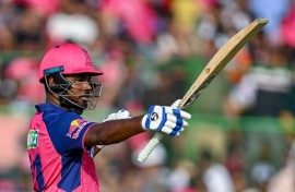 In the runs: Rajasthan Royals' captain Sanju Samson celebrates after scoring a half-century against Lucknow Super Giants