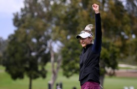 American Nelly Korda celebrates her birdie at the first playoff hole to win the LPGA Seri Pak Championship in Los Angeles