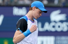 Jannik Sinner of Italy celebrates his win over Daniil Medvedev in the semi-final of the Miami Open on Friday.