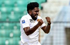 Sri Lanka’s Asitha Fernando celebrates after the dismissal of the Bangladesh’s Shakib Al Hasan  