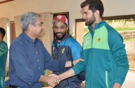 Pakistan Cricket Board chairman Mohsin Naqvi (left) meeting Shaheen Shah Afridi on Sunday