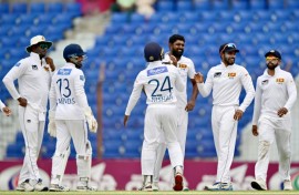 Sri Lanka celebrate the wicket of Bangladesh’s Mahmudul Hasan