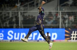 Sunil Narine takes a catch to dismiss Rajasthan Royals captain Sanju Samson 