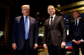 Donald Trump (L) met with Polish President Andrzej Duda at Trump Tower in New York, one in a series of meetings with foreign dignitaries as the Republican former US president campaigns for the White House in 2024