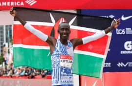 Kenya's Kelvin Kiptum won the Chicago Marathon in a world record time of two hours and 35 seconds 
