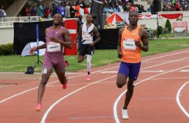 Courtney Lindsey (left) and Letsile Tebogo cross the line in an identical time in the men's 200m in Nairobi