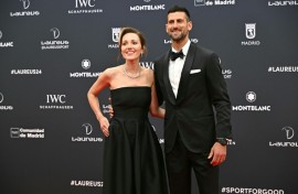 Serbian tennis great Novak Djokovic and his wife Jelena posed on the Red Carpet ahead of the 25th Laureus World Sports Awards