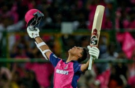 Yashasvi Jaiswal celebrates after scoring a century (100 runs) 