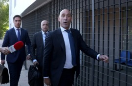 Spain's former football chief Luis Rubiales leaves after testifying over an alleged graft scandal at a court in Madrid