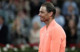Spain's Rafael Nadal reacts after losing against Jiri Lehecka at the 2024 Madrid Open