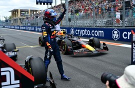Red Bull's Max Verstappen waves to fans after winning the sprint race at the Miami Grand Prix on Saturday

