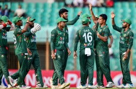 Bangladesh players celebrate during the third Twenty20 international cricket match against Zimbabwe in Chittagong
