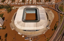 Aerial view of the flooded Arena do Gremio Stadium, of Brazilian football team Gremio, in Porto Alegre on May 7, 2024