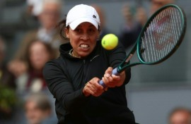 Madison Keys, pictured here in Madrid, had her match interrupted by climate activists on Monday