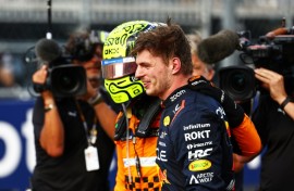 'Iconic track': Max Verstappen (R) with Lando Norris after the British driver won the Miami Grand Prix 