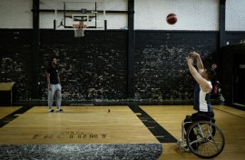 French Paralympic basketball player Sofyane Mehiaoui trains at the Hoops Factory in Aubervilliers, east of Paris on May 15, 2024.