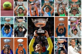 All-time great: This combination of file pictures shows Rafael Nadal holding the French Open trophy after his 14 career victories