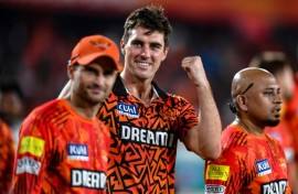 Sunrisers Hyderabad captain Pat Cummins (centre) celebrates victory over Punjab Kings on Sunday