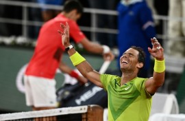 Winning feeling: Rafael Nadal reacts after defeating Novak Djokovic in the 2022 quarter-finals at the French Open 