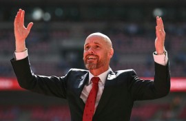 Manchester United manager Erik ten Hag celebrates after winning the FA Cup final at Wembley