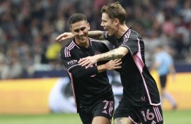Robert Taylor celebrates with Inter Miami teammate Matias Rojas after opening the scoring in Saturday's 2-1 win at the Vancouver Whitecaps.