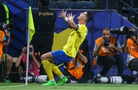 Cristiano Ronaldo celebrates scoring his second goal of the game
