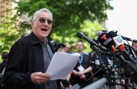 Robert De Niro speaks in support of President Joe Biden outside of Manhattan Criminal Court as Donald Trump stands trial
