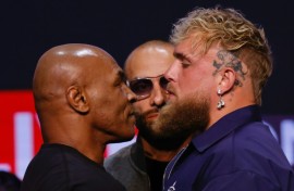 Mike Tyson (left) faces off with YouTuber Jake Paul during a New York press conference earlier this month