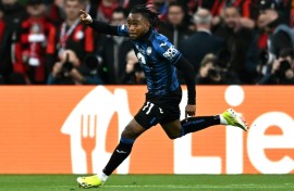 Nigeria forward Ademola Lookman celebrates scoring for Atalanta against Bayer Leverkusen in the 2024 Europa League final in Dublin. 