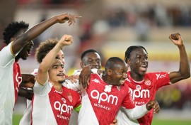 Monaco's Malian midfielder Mohamed Camara (2R) taped over an anti-homophobia logo in their final Ligue 1 game of the season against Nantes on May 19