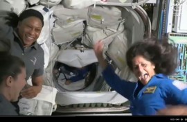 Astronaut Suni Williams, seen on the right, performed a short dance to celebrate her third arrival on the ISS