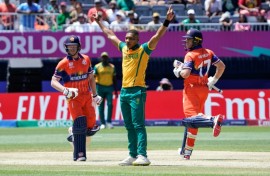 South Africa's Ottneil Baartman celebrates after dismissing the Netherlands' Sybrand Engelbrecht in their T20 World Cup clash on Saturday
