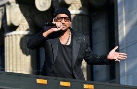 US actor Will Smith raps from a bus at the premiere of 'Bad Boys: Ride or Die' at the TCL Chinese Theatre in Hollywood, California