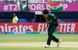 Pakistan's Naseem Shah celebrates taking his third wicket against India at the T20 World Cup on Sunday