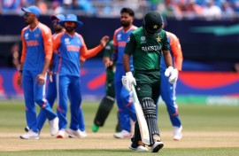 Fakhar Zaman of Pakistan leaves the field in New York after his dismissal in the T20 defeat to India