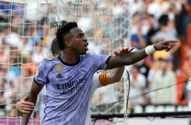 Real Madrid forward Vinicius Junior reacts to being racially abused by Valencia fans during the La Liga match in May 2023