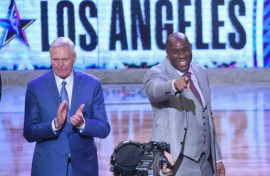 Jerry West (L) and Magic Johnson (R) at the NBA All-Star Game 2018 at Staples Center in Los Angeles